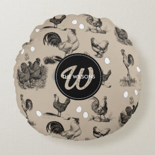 -country Chicken Rooster Egg Monogram Rond Kussen