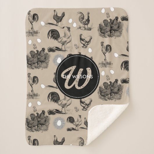 -country Chicken Rooster Egg Monogram Sherpa Deken (Voorkant)
