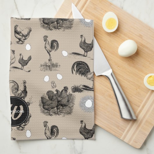 -country Chicken Rooster Egg Monogram Theedoek (Quarter Fold)