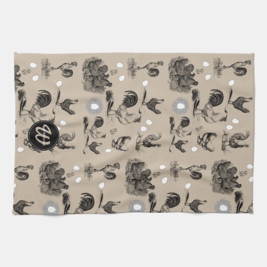 -country Chicken Rooster Egg Monogram Theedoek (Horizontaal)