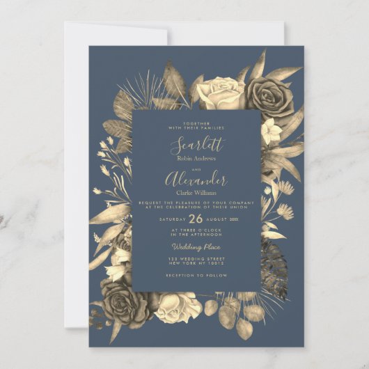 Country chique mauve blauw goud bloemenbruiloft kaart (Voorkant)