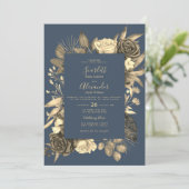 Country chique mauve blauw goud bloemenbruiloft kaart (Staand voorkant)