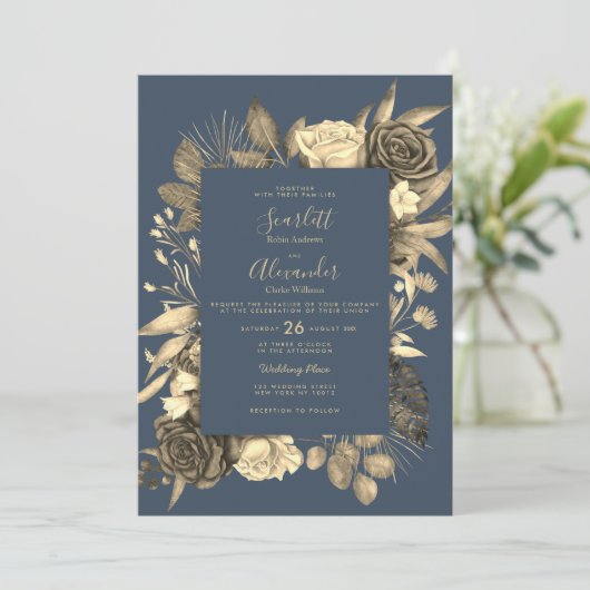 Country chique mauve blauw goud bloemenbruiloft kaart (Staand voorkant)