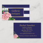 Country Chique Roze Rozen Bloemen Navy Stripes Visitekaartje (Voorkant / Achterkant)