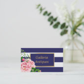 Country Chique Roze Rozen Bloemen Navy Stripes Visitekaartje (Staand voorkant)