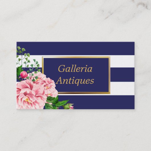 Country Chique Roze Rozen Bloemen Navy Stripes Visitekaartje (Voorkant)