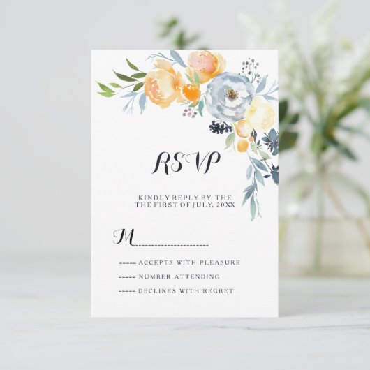 Country chique sinaasappel blauw wit bloemig RSVP Kaart (Staand voorkant)