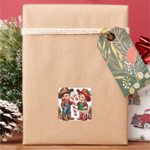 Country Christmas Cowboy Cowgirl Snoep Kerst Vierkante Sticker