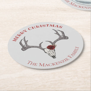 Country Christmas Deer Rendier Skull Antlers Ronde Kartonnen Onderzetter