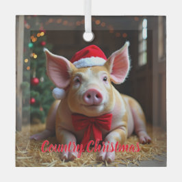 Country Christmas Pig Glass Ornament
