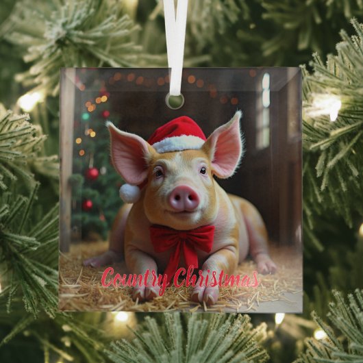 Country Christmas Pig Glass Ornament (Insitu)