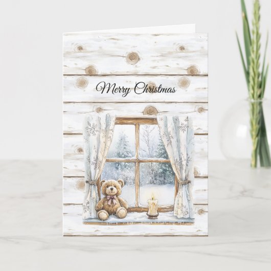 Country Christmas Trees Snow Teddy Bear Window Kaart (Voorkant)