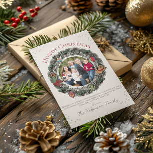 Country Christmas Wreath Familiefoto Feestdagenkaart