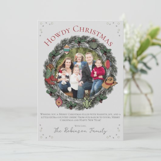 Country Christmas Wreath Familiefoto Feestdagenkaart (Staand voorkant)