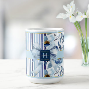 Country Cottage Monogram Blauw Wit Bloemen Boog Koffiemok