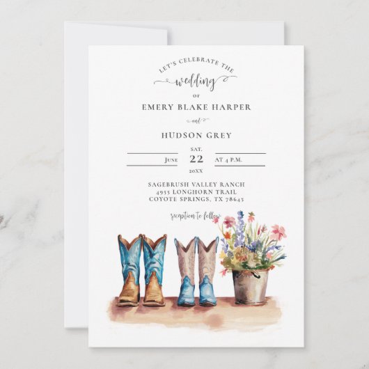 Country Cowboy Boots Wildflowers Rustieke bruiloft Kaart (Voorkant)