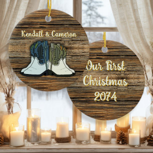 Country Cowboy Laarzen Koppels Eerste Kerst Keramisch Ornament