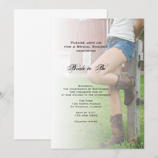 Country Cowgirl bruids douche uitnodiging (Voorkant / Achterkant)