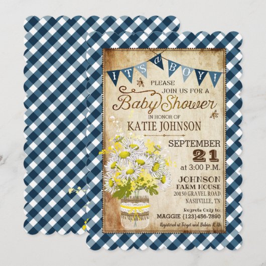 Country Daisies Gingham Check Boy Baby shower Kaart (Voorkant / Achterkant)