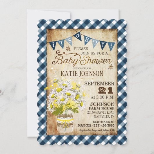 Country Daisies Gingham Check Boy Baby shower Kaart (Voorkant)