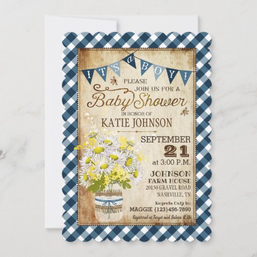 Country Daisies Gingham Check Boy Baby shower Kaart (Voorkant)