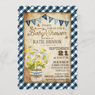 Country Daisies Gingham Check Boy Baby shower Kaart