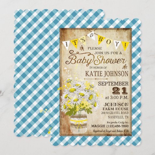 Country Daisies Gingham Check Boy Baby shower Kaart (Voorkant / Achterkant)