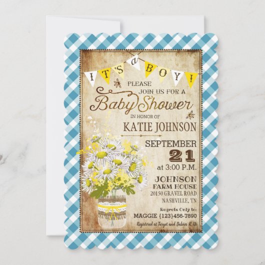 Country Daisies Gingham Check Boy Baby shower Kaart (Voorkant)