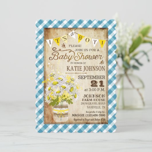 Country Daisies Gingham Check Boy Baby shower Kaart (Staand voorkant)
