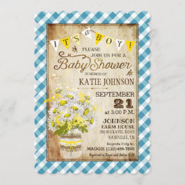 Country Daisies Gingham Check Boy Baby shower Kaart