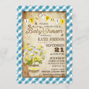 Country Daisies Gingham Check Boy Baby shower Kaart