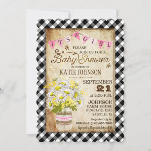 Country Daisies Gingham Check Girl Baby shower Kaart