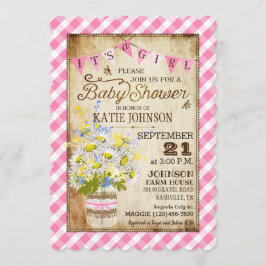 Country Daisies Gingham Check Girl Baby shower Kaart