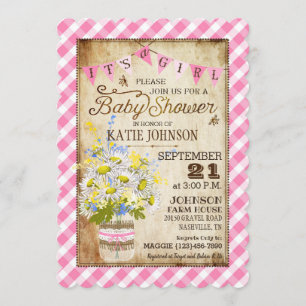 Country Daisies Gingham Check Girl Baby shower Kaart