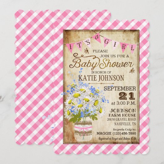 Country Daisies Gingham Check Girl Baby shower Kaart (Voorkant / Achterkant)