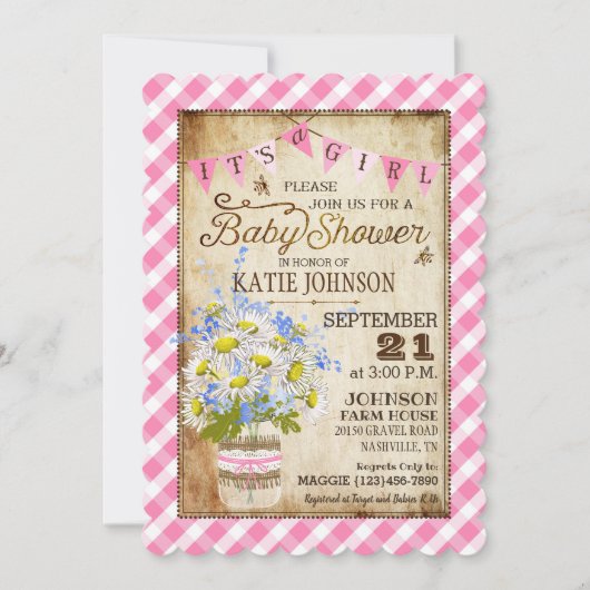 Country Daisies Gingham Check Girl Baby shower Kaart (Voorkant)