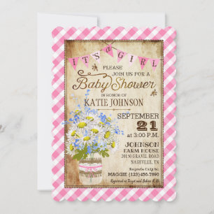 Country Daisies Gingham Check Girl Baby shower Kaart