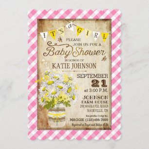 Country Daisies Gingham Check Girl Baby shower Kaart