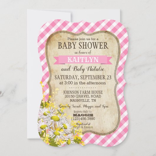 Country Daisies Pink Gingham Check Baby shower Kaart (Voorkant)