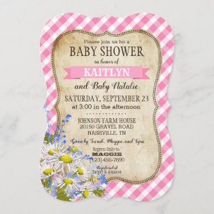 Country Daisies Pink Gingham Check Baby shower Kaart