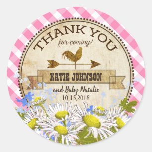 Country Daisies Pink Gingham Check Baby shower Ronde Sticker