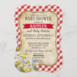 Country Daisies Red Gingham Check Baby shower Kaart