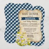 Country Daisy Navy Blue Gingham Check Baby shower Kaart (Voorkant / Achterkant)