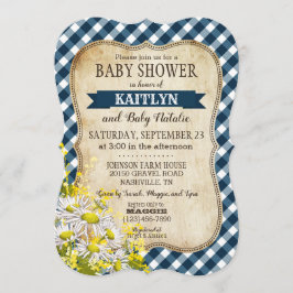 Country Daisy Navy Blue Gingham Check Baby shower Kaart