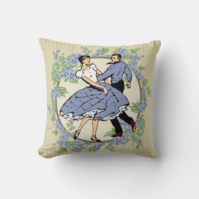 Country Dance Square Dansers Blauw w / Floral Lijs Kussen (Voorkant)