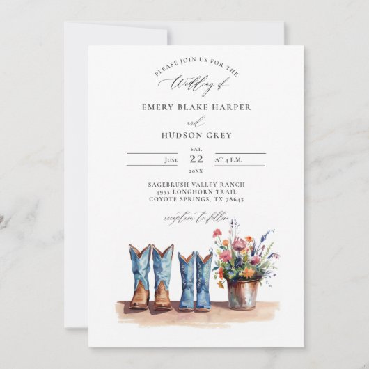 Country Denim Boots Wildflowers Rustieke bruiloft Kaart (Voorkant)