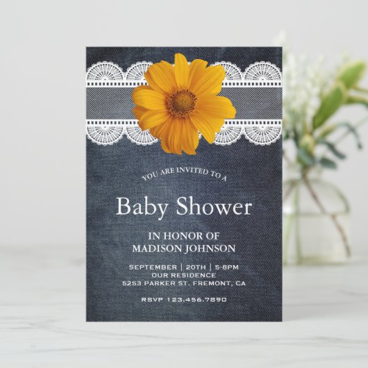 Country Denim Lace Zonnebloem Baby shower Kaart (Staand voorkant)