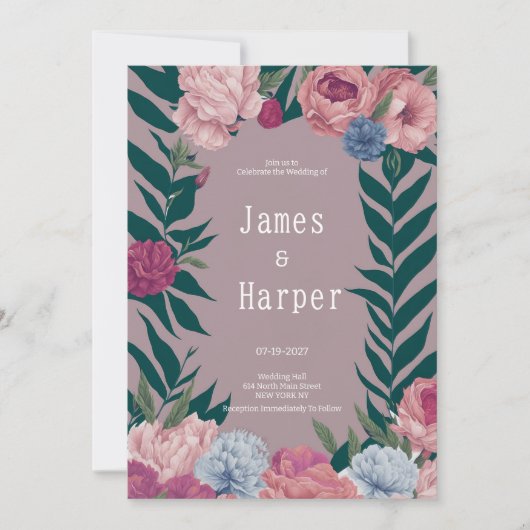 Country donkergroen mauve roze bloemen bruiloft kaart (Voorkant)