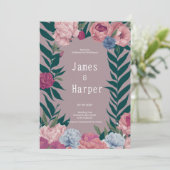 Country donkergroen mauve roze bloemen bruiloft kaart (Staand voorkant)