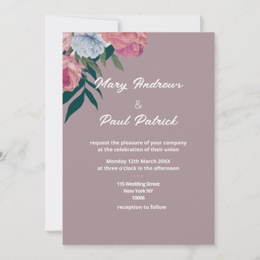 Country donkergroen roze paarse bloemen bruiloft kaart (Voorkant)